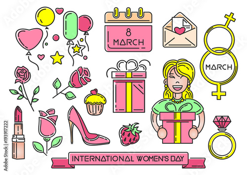 Women's Day multicolored icons set. 8 March. Happy Womens Day symbol collection. Vector illustration