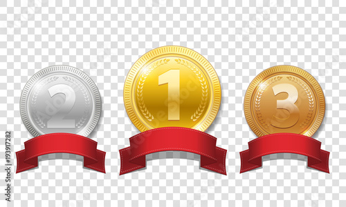 Gold, silver and bronze shiny medals with red ribbons isolated on transparent background. Champion Award Medals sport prize. Vector illustration