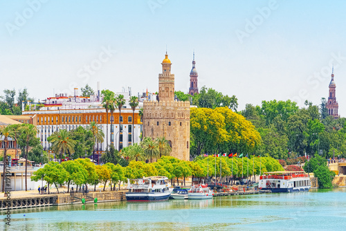 View on downtown of Seville and Guadalquivir River Promenade. photo