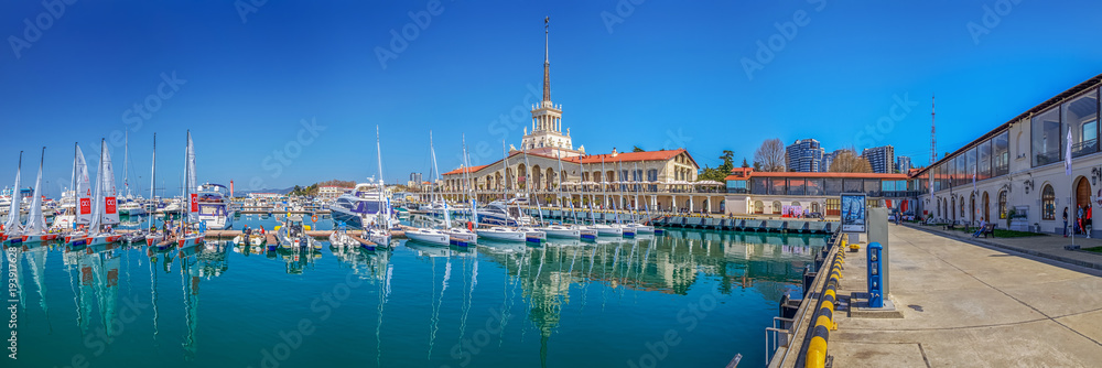 Fototapeta premium SOCHI, RUSSIA - APRIL 8, 2016: Yachts of the national sailing league in the seaport.