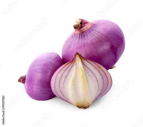 Slices of shallot onions for cooking on white background.