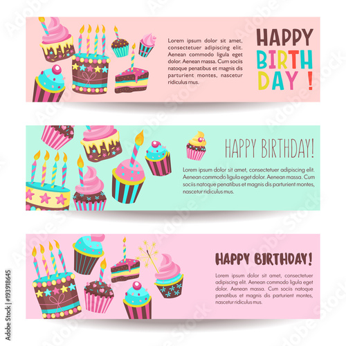 Congratulations on your birthday. Beautiful cute cakes and candlelight cakes. Vector illustration.