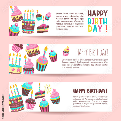 Congratulations on your birthday. Beautiful cute cakes and candlelight cakes. Vector illustration.