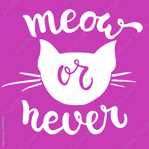 Meow or never - hand drawn lettering phrase for animal lovers on the pink background. Fun brush ink vector illustration for banners, greeting card, poster design.