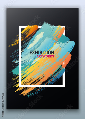 A poster template for art cafes, art exhibitions. A modern colorful flyer. Bright gradient brush strokes. Dynamic movement and spray of colors. Abstract vector illustration. Dark background.