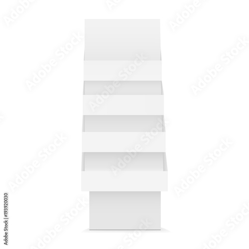 POS floor cardboard product display racks - front view. Retail stand isolated on white background. Vector illustration