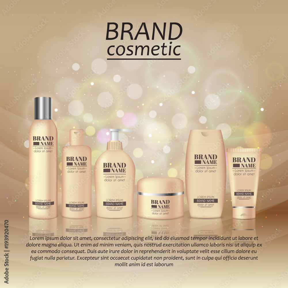 3D realistic cosmetic bottle ads template. Cosmetic brand advertising concept design with glitters and bokeh background 3D realistic cosmetic bottle ads template. Cosmetic brand advertising concept design with glitters and bokeh background