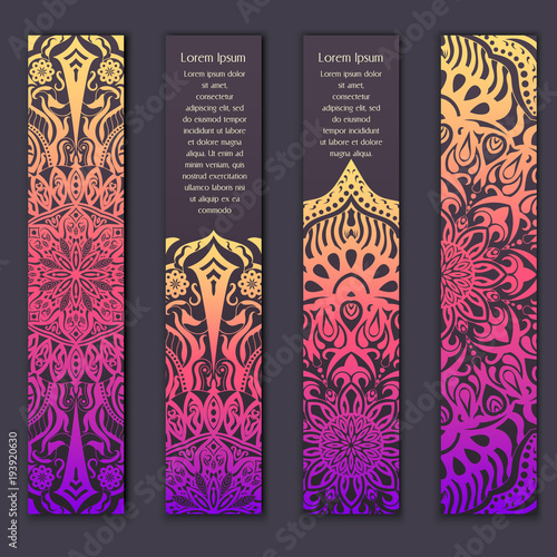 Card set with floral lace decorative mandala elements background. Asian Indian oriental ornate banners