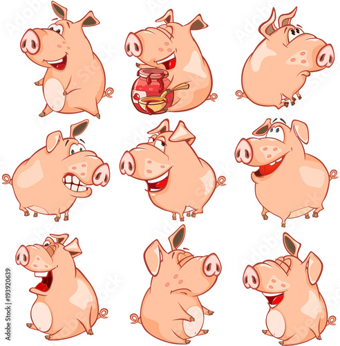 Set of  Cartoon Illustration. Cute Pigs in Different Poses for you Design. Cartoon Character