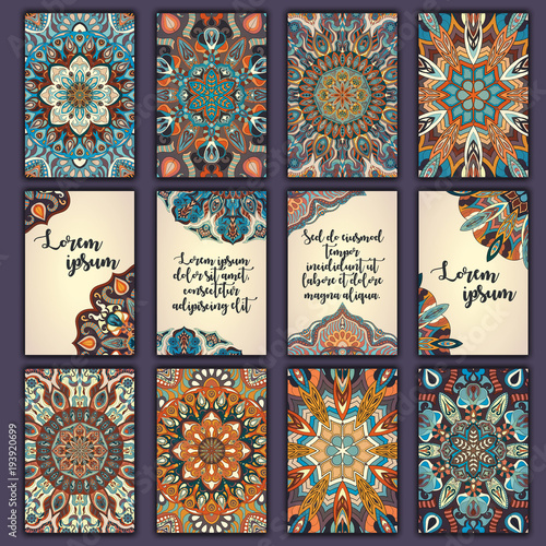 Card set with floral decorative mandala elements background. Asian Indian oriental ornate banners.
