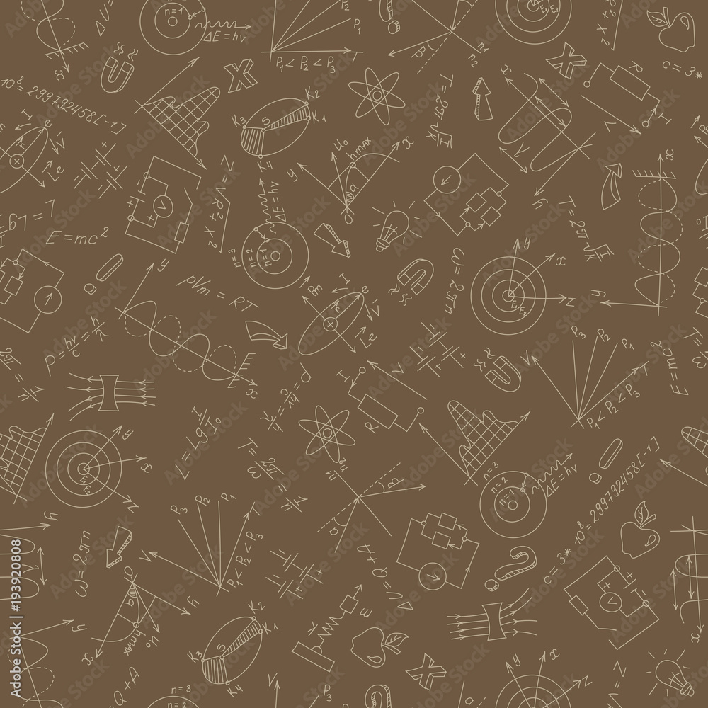 Seamless pattern on the theme of study and subject of physics, graphs and formulas, beige outlines on a brown background Seamless pattern on the theme of study and subject of physics, graphs and formulas, beige outlines on a brown background