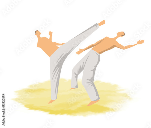 Capoeira, the traditional Brazilian martial art. Two men fighting. Vector illustration, isolated on white background.