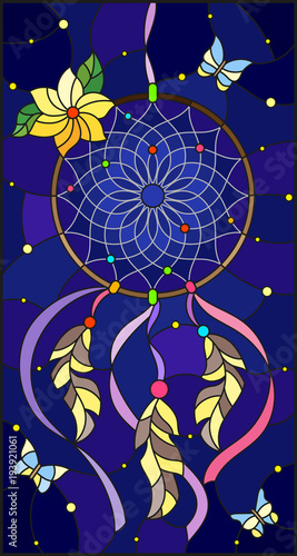 Illustration in stained glass style with dream catcher and moths on  a starry night sky background