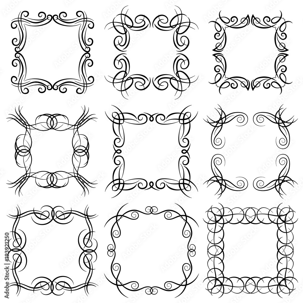 Fototapeta premium Set of nine square black monogram elements on a white background. Vector illustration. 