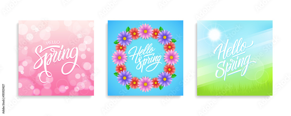 Hello Spring cards set. Springtime season collection with hand drawn lettering and bokeh background, flowers and sun for greeting card, invitation template. Vector illustration.