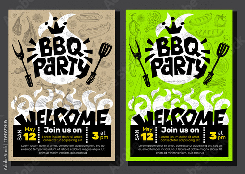 BBQ party Food poster. Barbecue template menu invitation flyer design elements spice, drinks, hand drawn elements.