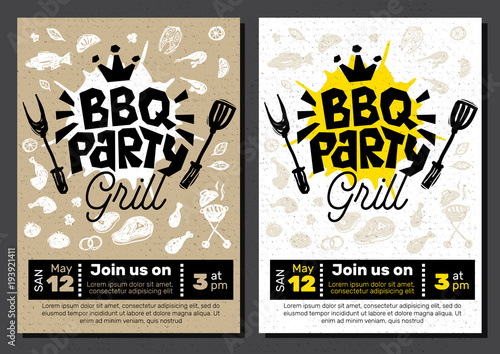 BBQ party Food poster. Barbecue template menu invitation flyer design elements spice, drinks, hand drawn elements.