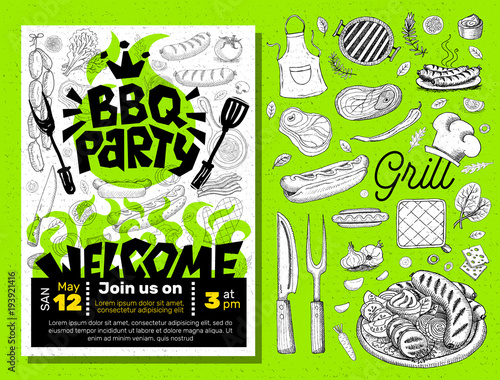 BBQ party Food poster. Barbecue template menu invitation flyer design elements spice, drinks, hand drawn elements.