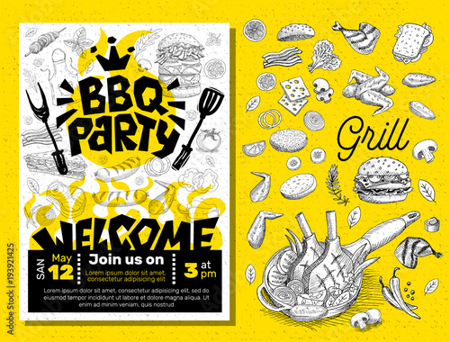 BBQ party Food poster. Barbecue template menu invitation flyer design elements spice, drinks, hand drawn elements.