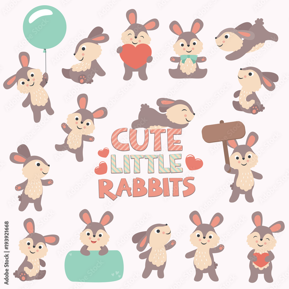 Obraz premium Cute Little Rabbits Easter Spring Collection Flat Vector Illustration Isolated on White