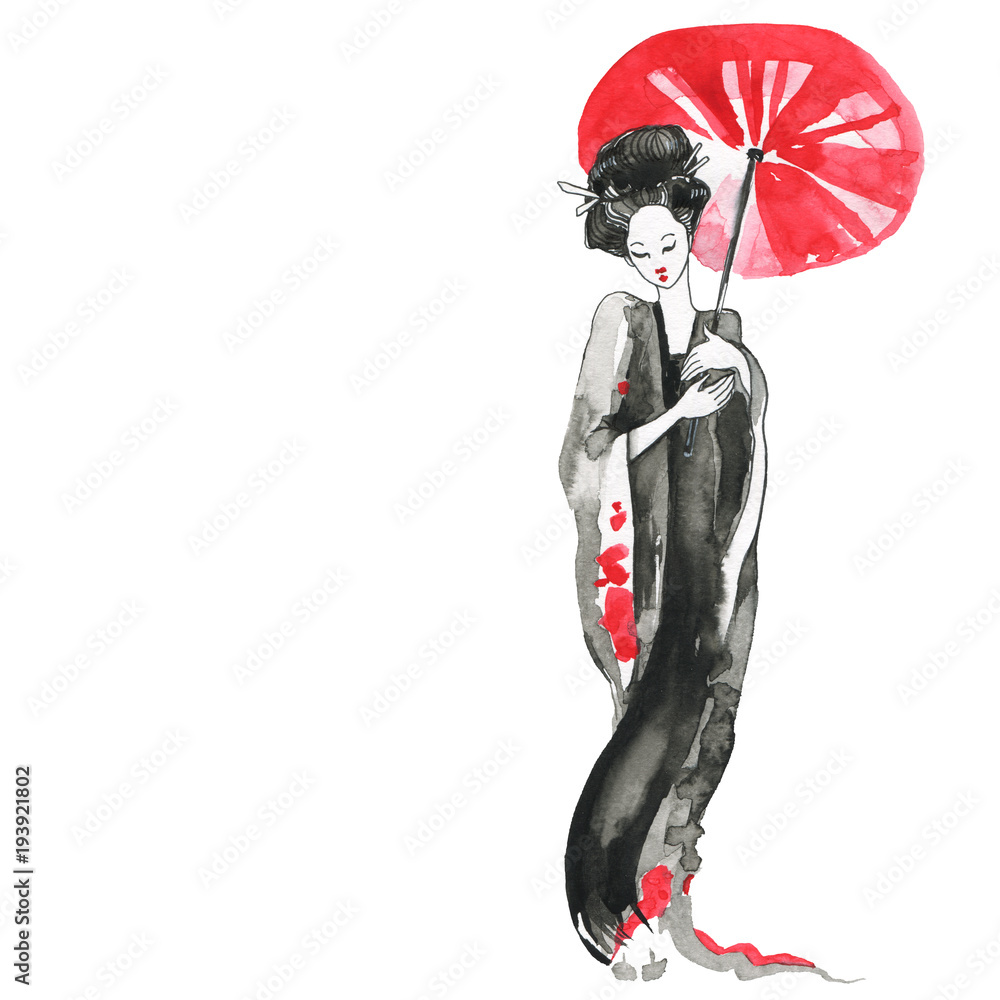 Geisha, women in traditional clothing. Chinese style, Watercolor hand painting illustration Geisha, women in traditional clothing. Chinese style, Watercolor hand painting illustration