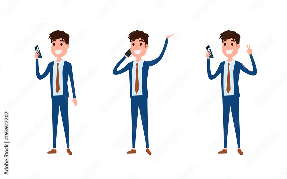 Young businessman character design. Set of guy acting in suit using smartphone ,talking via phone and making selfie in various poses happy emotional. Different emotions and poses. Young businessman character design. Set of guy acting in suit using smartphone ,talking via phone and making selfie in various poses happy emotional. Different emotions and poses.