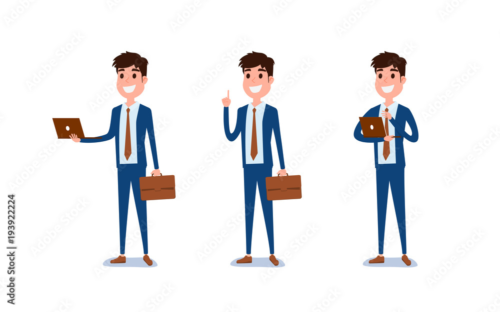 Young businessman character design. Set of guy acting in suit holds laptop, Different emotions, poses and running, walking, standing, sitting. Young businessman character design. Set of guy acting in suit holds laptop, Different emotions, poses and running, walking, standing, sitting.