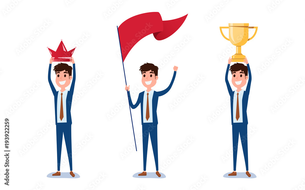 Young businessman character design. Set of guy acting in suit holds crown, flag, trophy of success, Different emotions, poses and running, walking, standing, sitting. Young businessman character design. Set of guy acting in suit holds crown, flag, trophy of success, Different emotions, poses and running, walking, standing, sitting.
