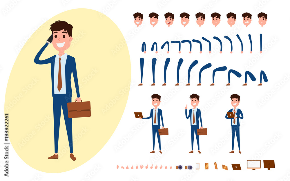 Young Businessman character creation set for animation. Set of guy acting  in suit using smartphone. Parts body template. Different emotions, poses  and running, walking, standing, sitting. Stock Vector | Adobe Stock