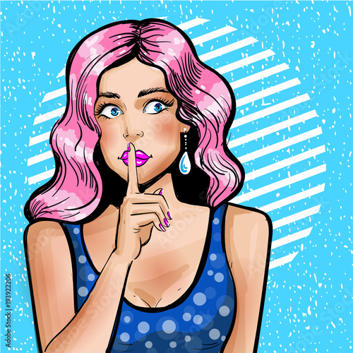 Vector pop art illustration of woman showing silence gesture