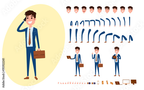Young Businessman character creation set for animation. Set of guy acting in suit using smartphone. Parts body template. Different emotions, poses and running, walking, standing, sitting.