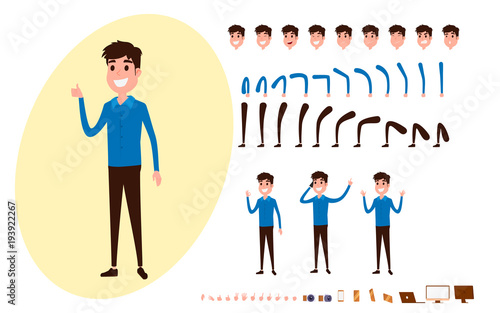 Freelance character creation set for animation. Set of guy in casual clothes in various poses. Parts body template. Different emotions, poses and  running, walking, standing, sitting.