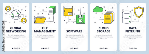 Vector modern thin line networking vertical web banner set