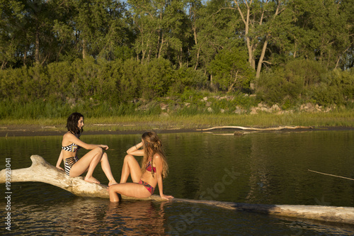 Friends sitting on log in the river