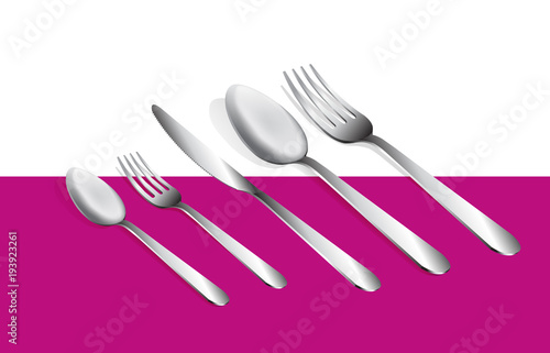 Beautiful realistic set of Cutlery.Fork, spoon and knife. Cutlery set on a pink and white background.3D Cutlery set.Vector illustration