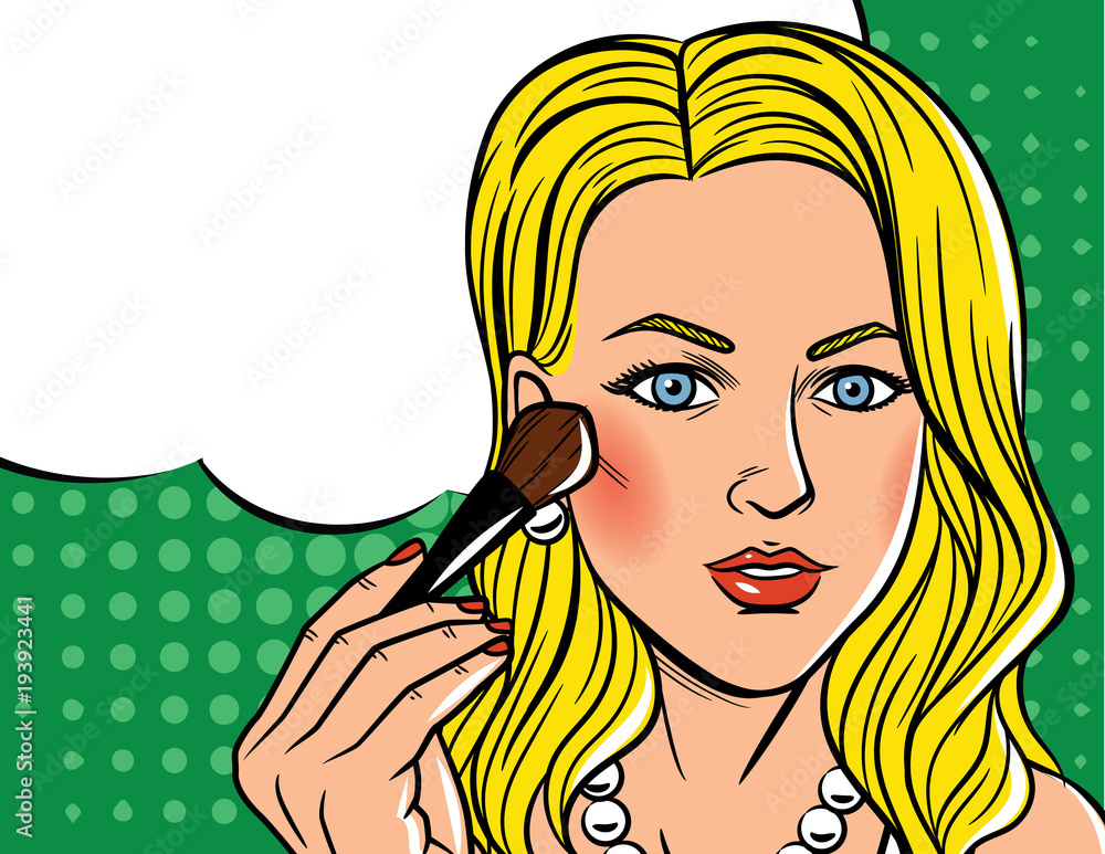 Vector illustration in comic art style of pretty woman with blush brush. Glamour lady with blonde hair doing makeup over halftone dot background Vector illustration in comic art style of pretty woman with blush brush. Glamour lady with blonde hair doing makeup over halftone dot background