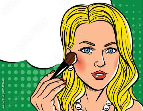 Vector illustration in comic art style of  pretty woman with blush brush.  Glamour lady with blonde hair doing makeup over halftone dot background