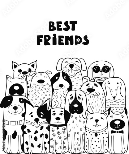 Black and white card with doodle dogs.