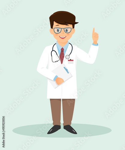 Smiling doctor with hand holding index finger up.Vector illustration. Isolated on white background.