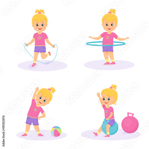 Set of cartoon girls doing exercises.Vector illustration. Isolated on white background