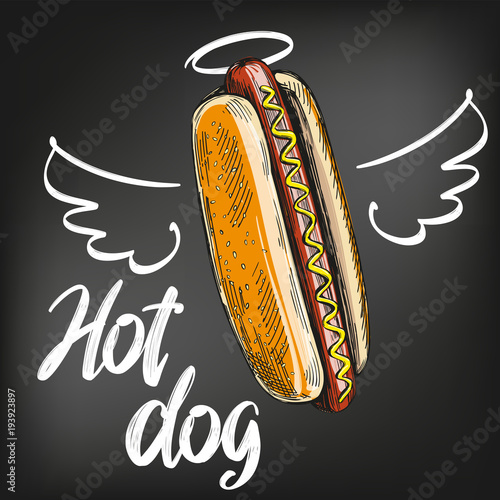 hot dog with wings and halo painted on a black chalkboard chalk, fast food, hand drawn vector illustration sketch. chalk menu. retro style