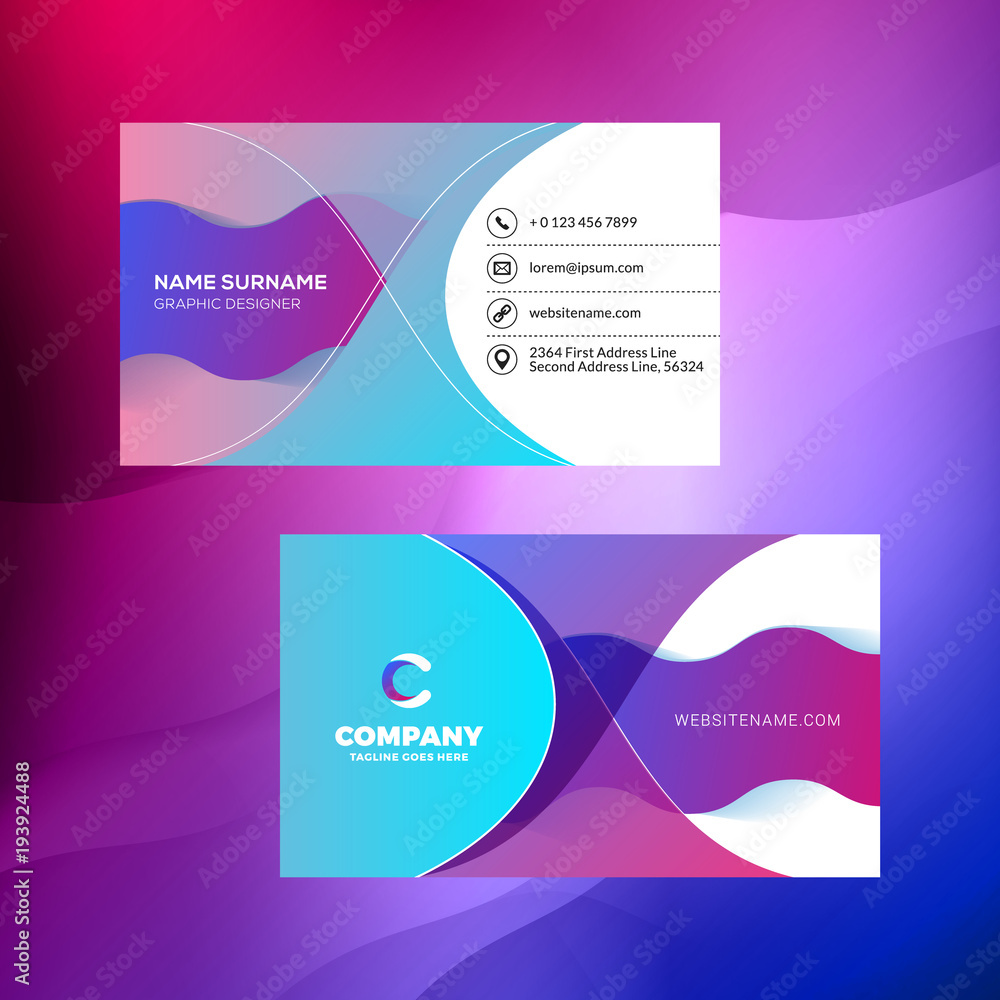 Double-sided horizontal business card template with abstract background. Vivid gradients. Vector mockup illustration. Stationery design
