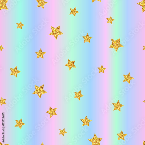 Seamless pattern with gold stars on holographic background. Vector illustration
