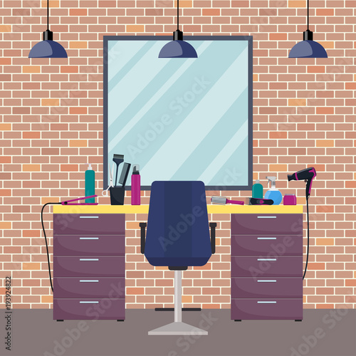 Hairdresser s workplace in woman beauty hairdressing salon. Chair, mirror, table, hairdressing tools, cosmetic products for hair care. Barber shop interior. Flat style vector illustration.