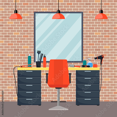 Hairdresser s workplace in woman beauty hairdressing salon. Chair, mirror, table, hairdressing tools, cosmetic products for hair care. Barber shop interior. Flat style vector illustration.