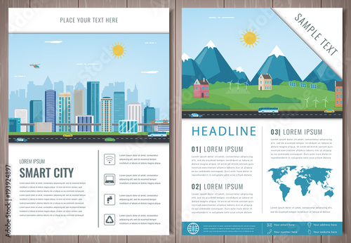 City brochure with urban landscape and suburb. Template of magazine, poster, book cover, banner, flyer. Big city and suburb life. Vector
