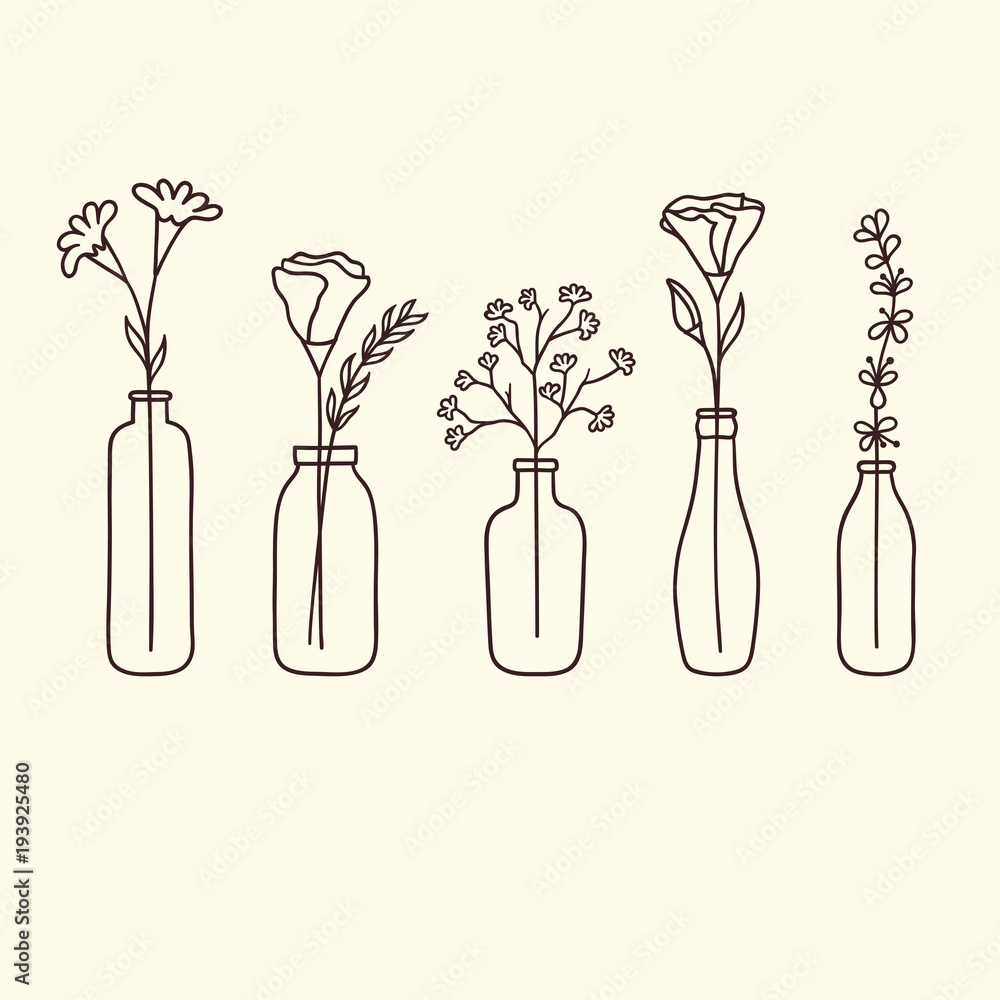 Set of cute hand drawn flowers in bottles Stock Vector Adobe Stock