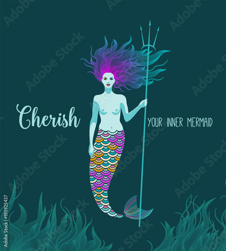 Cherish your inner mermaid, artsy siren with triton, eps10 vector