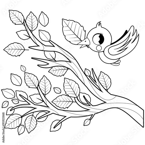 Bird and a tree branch with leaves. Vector black and white coloring page.