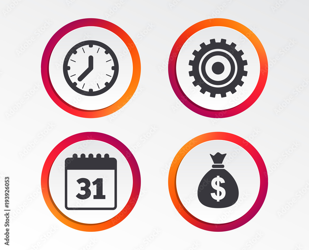 Business icons. Calendar and mechanical clock signs. Dollar money bag and gear symbols. Infographic design buttons. Circle templates. Vector Business icons. Calendar and mechanical clock signs. Dollar money bag and gear symbols. Infographic design buttons. Circle templates. Vector